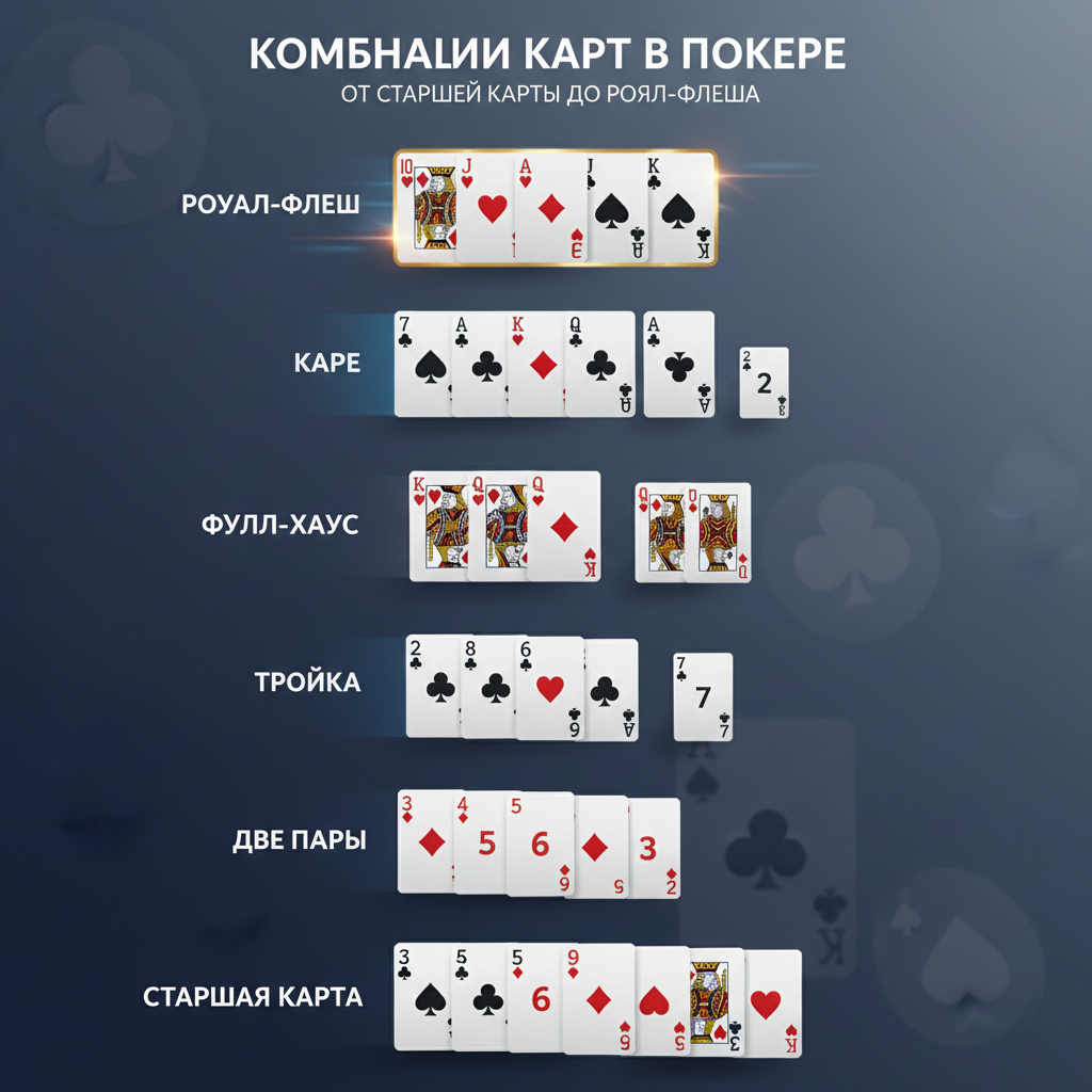 Комбинации карт в покере: от старшей карты до роял-флеша — иллюстрация к статье «как играть в покер»