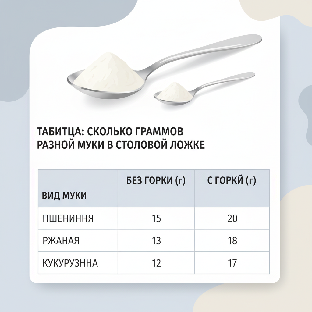 Таблица: сколько граммов разной муки в столовой ложке — иллюстрация к статье «сколько грамм муки в столовой ложке»
