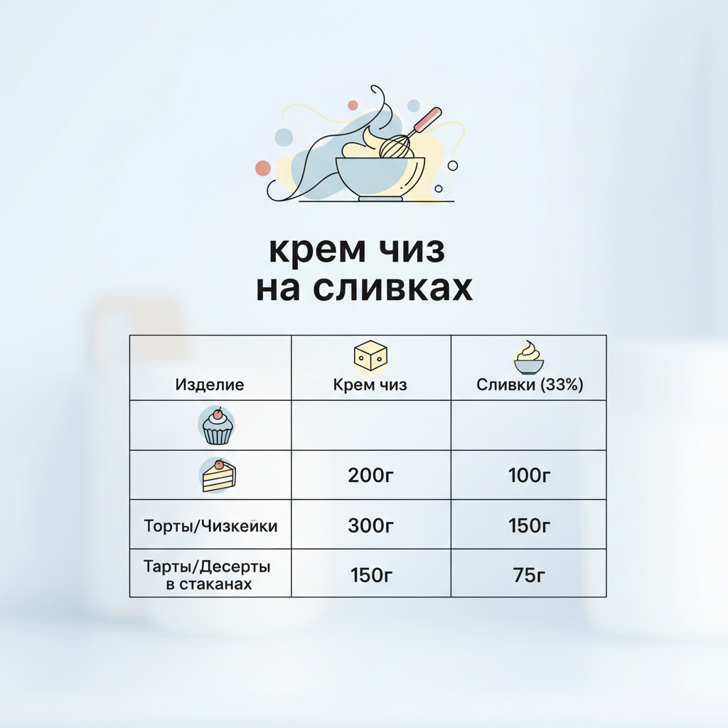Таблица пропорций крем чиза на сливках для разных изделий — иллюстрация к статье «крем чиз на сливках»